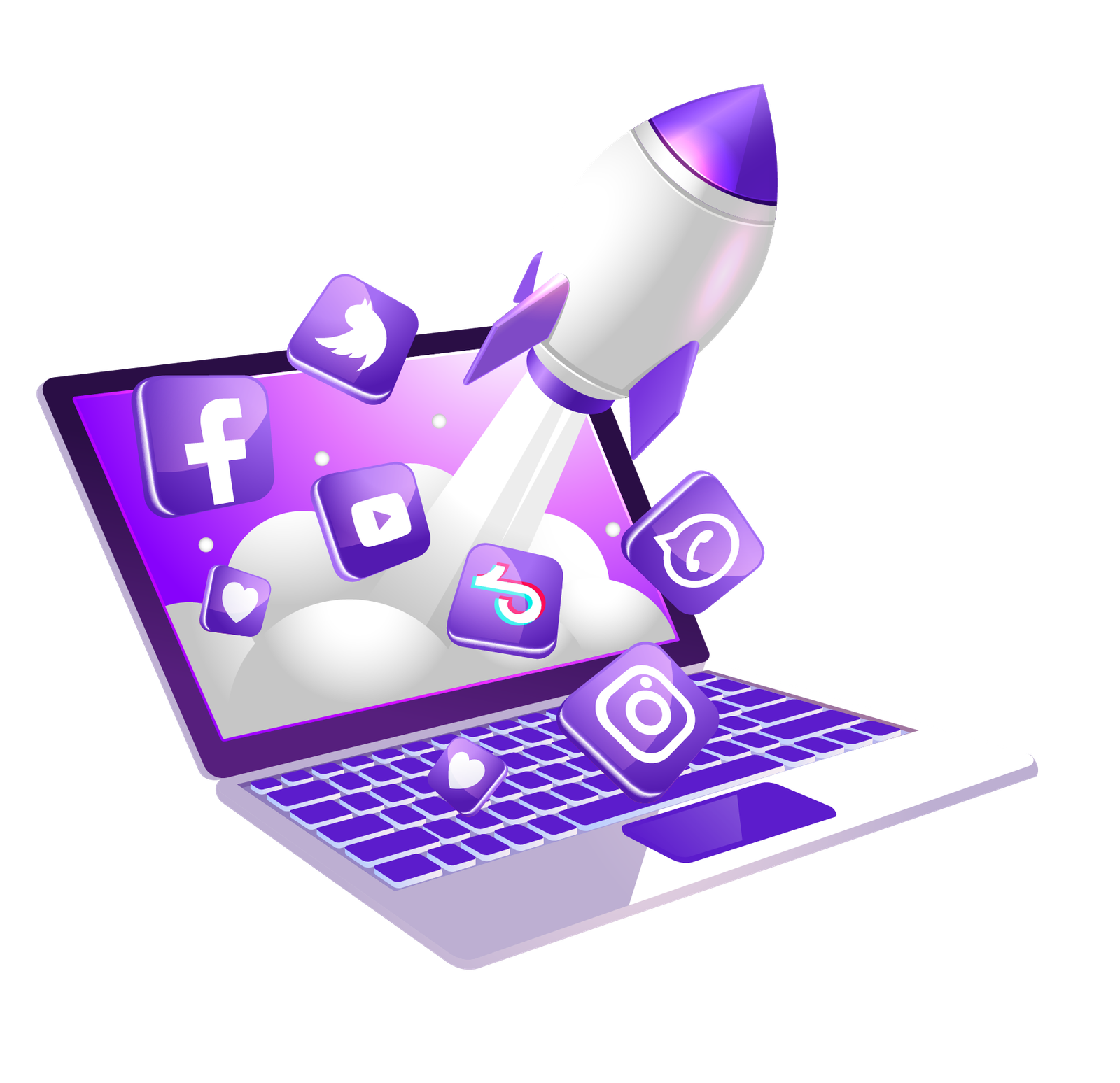 imagem de um notebook em tons de prata e azul em um fundo transparente com vários logos que saltam da tela junto com um foguete rumo ao alto demonstrando um lançamento de produtos ou serviços no ambiente digital