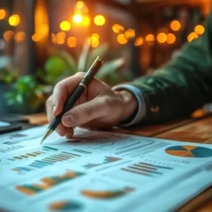 Mão segurando caneta sobre um relatório amplo e completo de números de um negócio com dados gráficos sobre cada área resultantes da aplicação do DEQ - Draft Equity da Ecoo.digital - um levantamento financeiro completo sobre a empresa