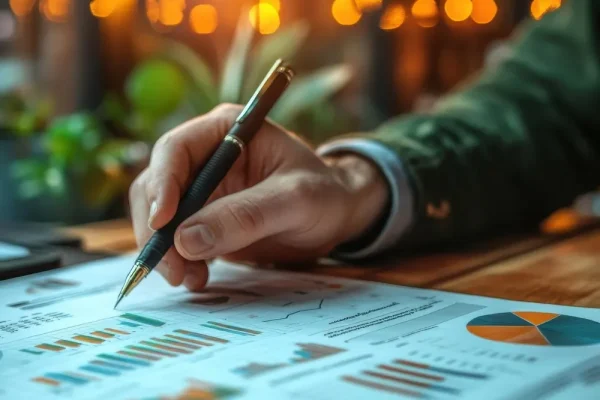 Mão segurando caneta sobre um relatório amplo e completo de números de um negócio com dados gráficos sobre cada área resultantes da aplicação do DEQ - Draft Equity da Ecoo.digital - um levantamento financeiro completo sobre a empresa